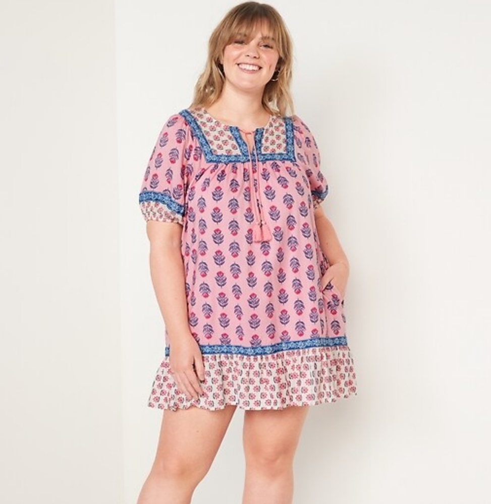 Old Navy Pink Puff Sleeve Boho Cottagecore Floral Pattern Dress Size Large
